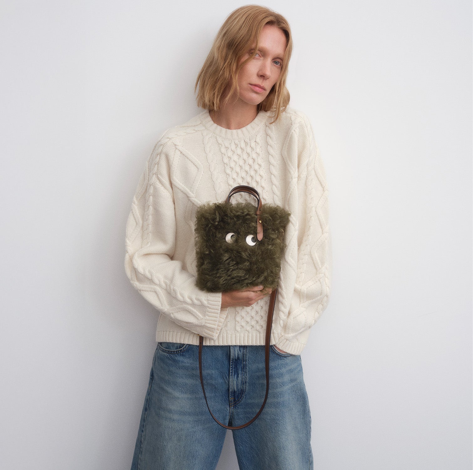 N/S Mini Eyes Shearling Tote -

          
            Shearling/Smooth Leather in Khaki Green -
          

          Anya Hindmarch UK
