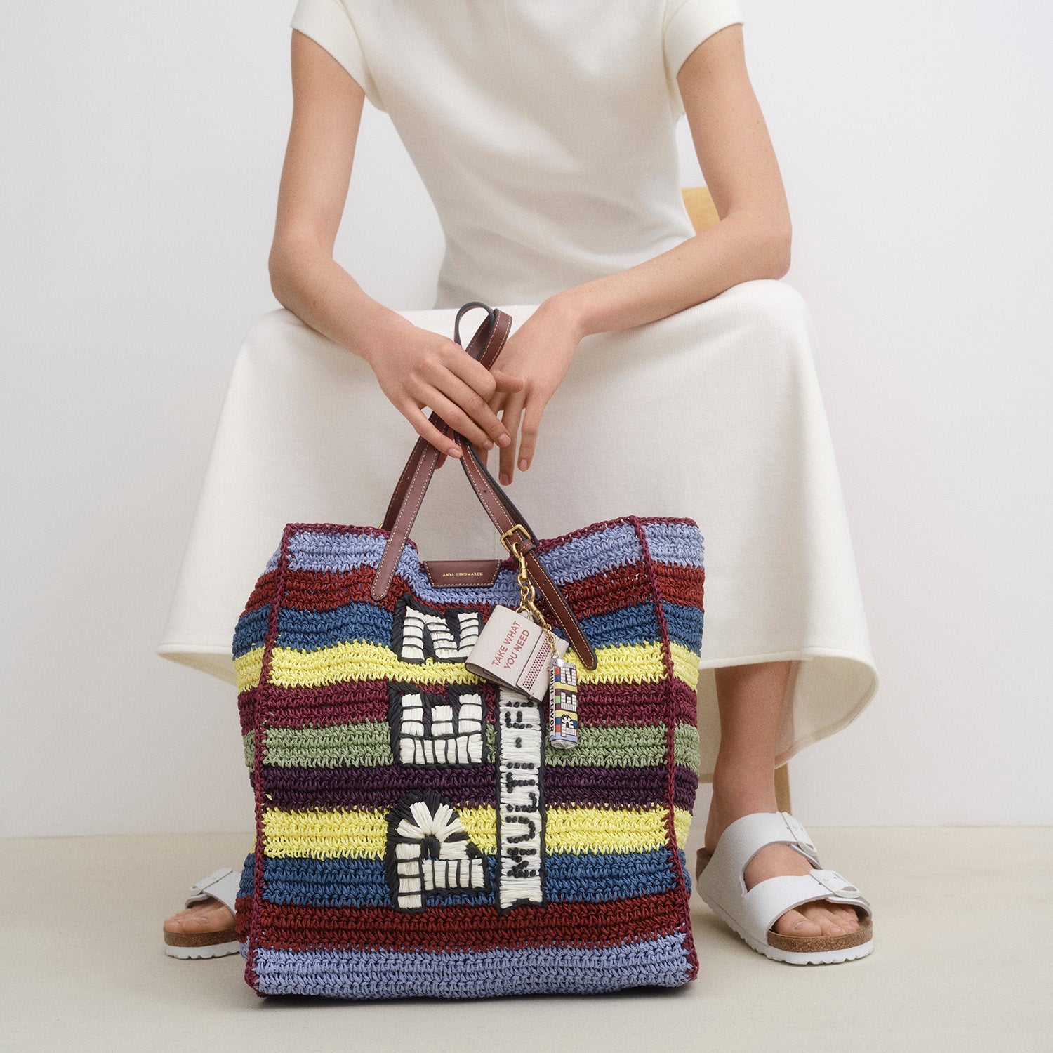 Multicoloured raffia Pez tote bag by Anya Hindmarch