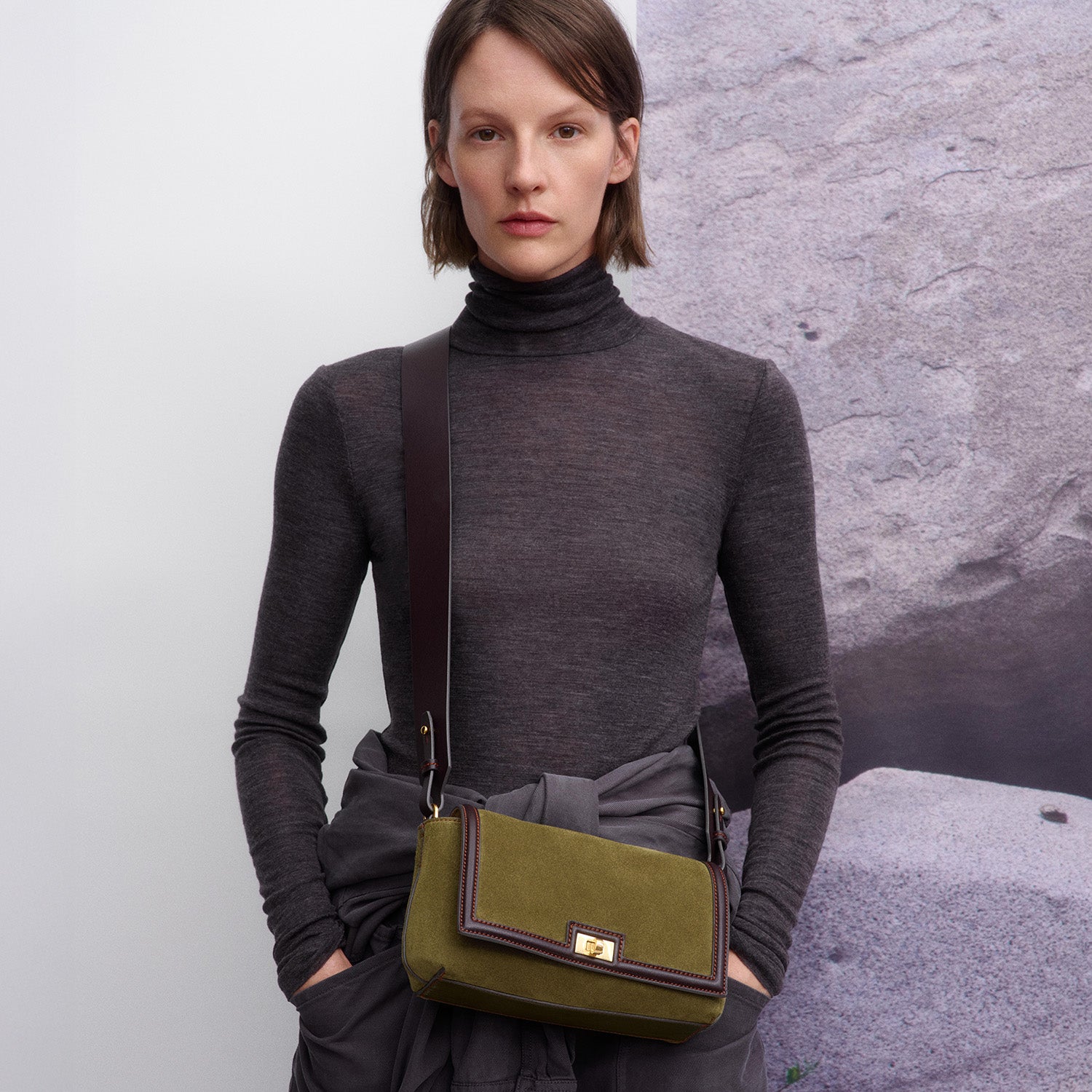 Mortimer Frame Cross-body -

          
            Suede Leather/Calf Leather in Bonsai green and Grape -
          

          Anya Hindmarch UK
