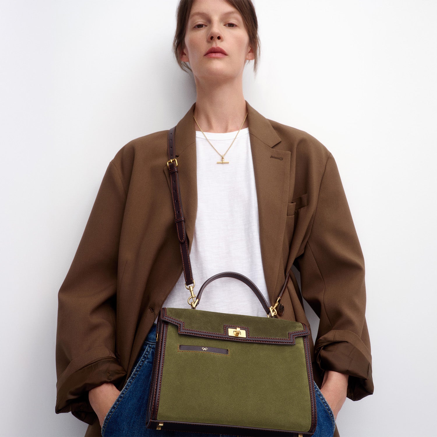 Mortimer Frame Top Handle -

          
            Suede Leather/Calf Leather in Bonsai green and Grape -
          

          Anya Hindmarch UK
