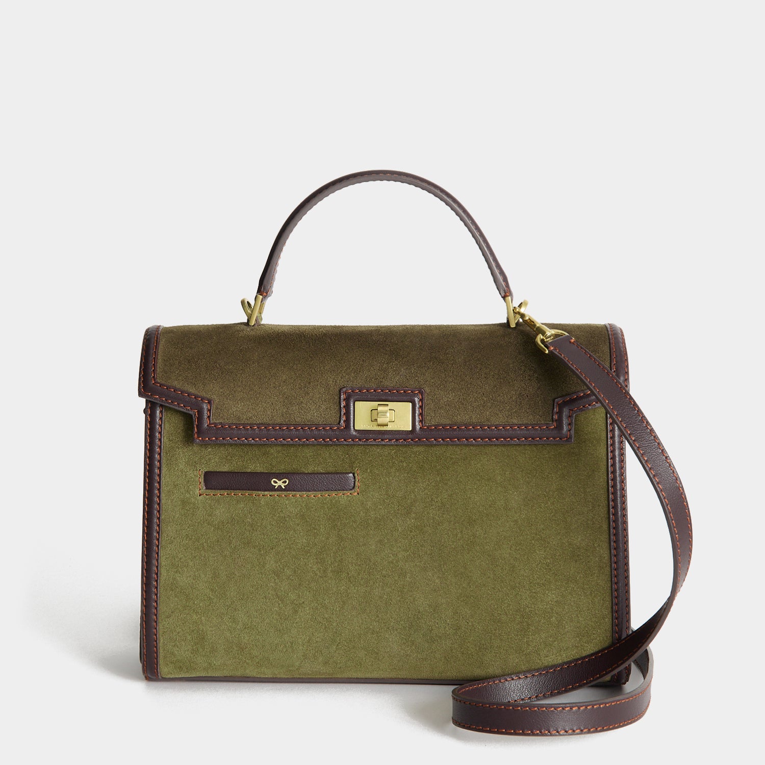 Mortimer Frame Top Handle -

          
            Suede Leather/Calf Leather in Bonsai green and Grape -
          

          Anya Hindmarch UK
