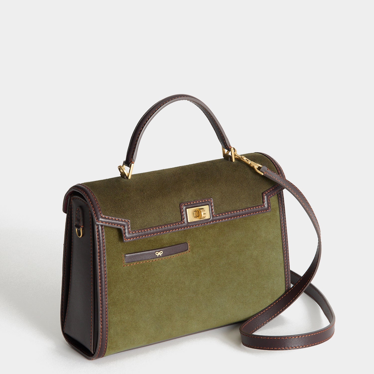 Mortimer Frame Top Handle -

          
            Suede Leather/Calf Leather in Bonsai green and Grape -
          

          Anya Hindmarch UK
