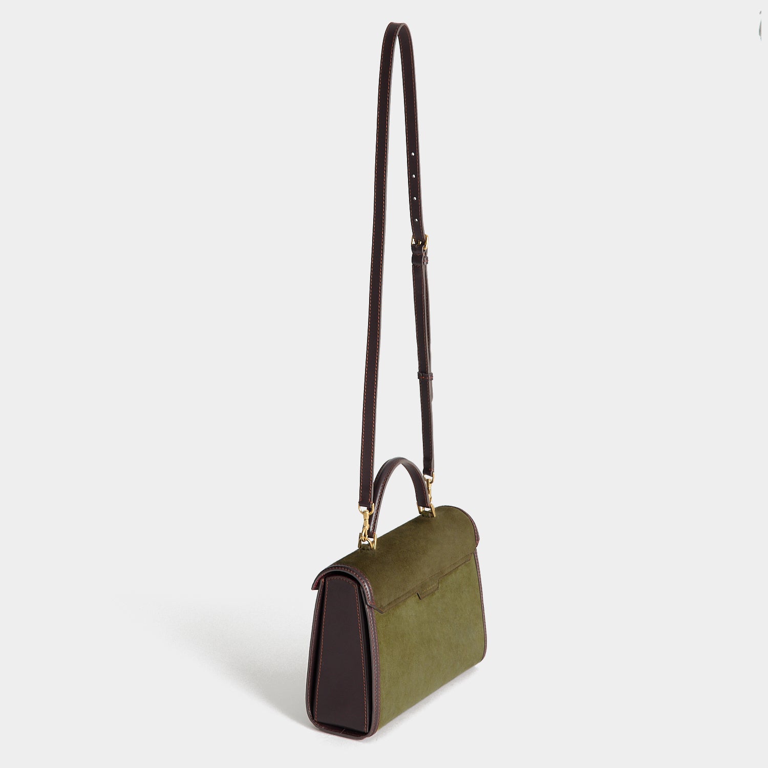 Mortimer Frame Top Handle -

          
            Suede Leather/Calf Leather in Bonsai green and Grape -
          

          Anya Hindmarch UK
