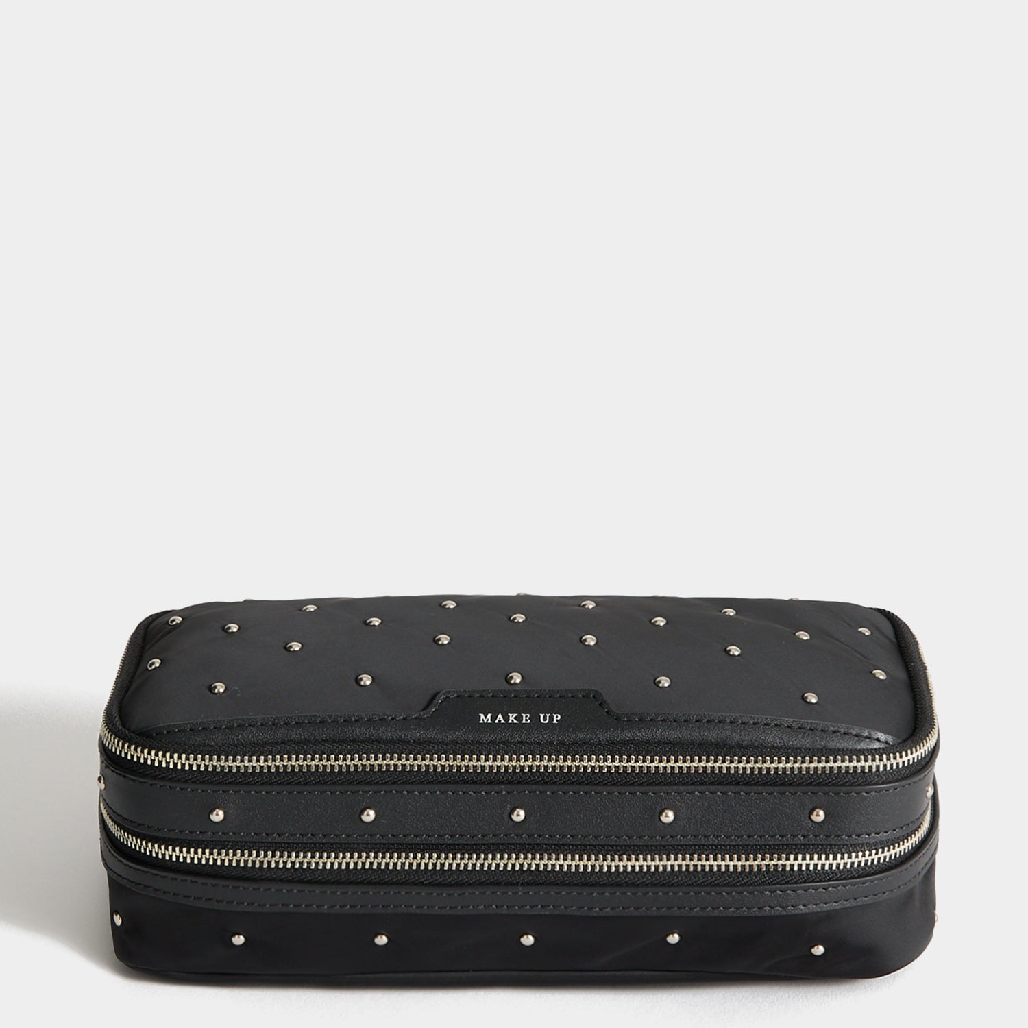 Studs Large Make-Up Pouch -

          
            Recycled Satin/Calf Leather in Black -
          

          Anya Hindmarch UK
