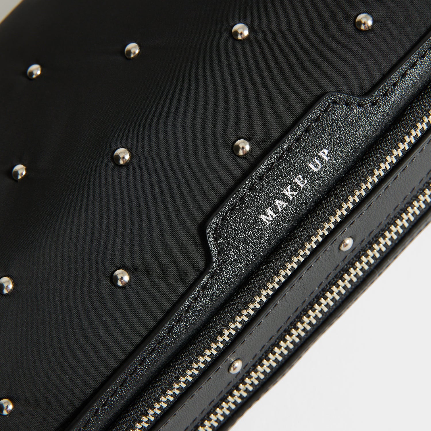 Studs Large Make-Up Pouch -

          
            Recycled Satin/Calf Leather in Black -
          

          Anya Hindmarch UK
