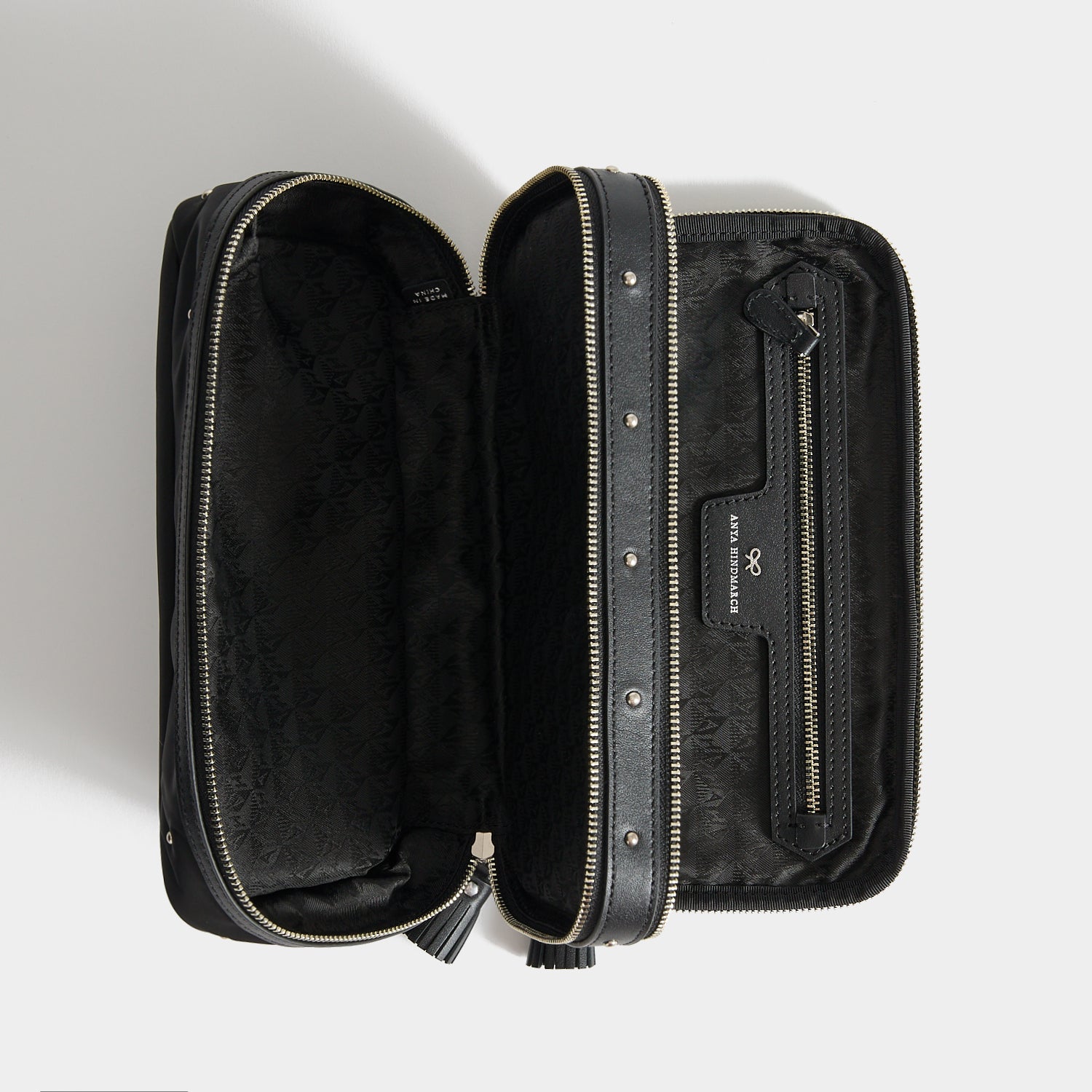 Studs Large Make-Up Pouch -

          
            Recycled Satin/Calf Leather in Black -
          

          Anya Hindmarch UK
