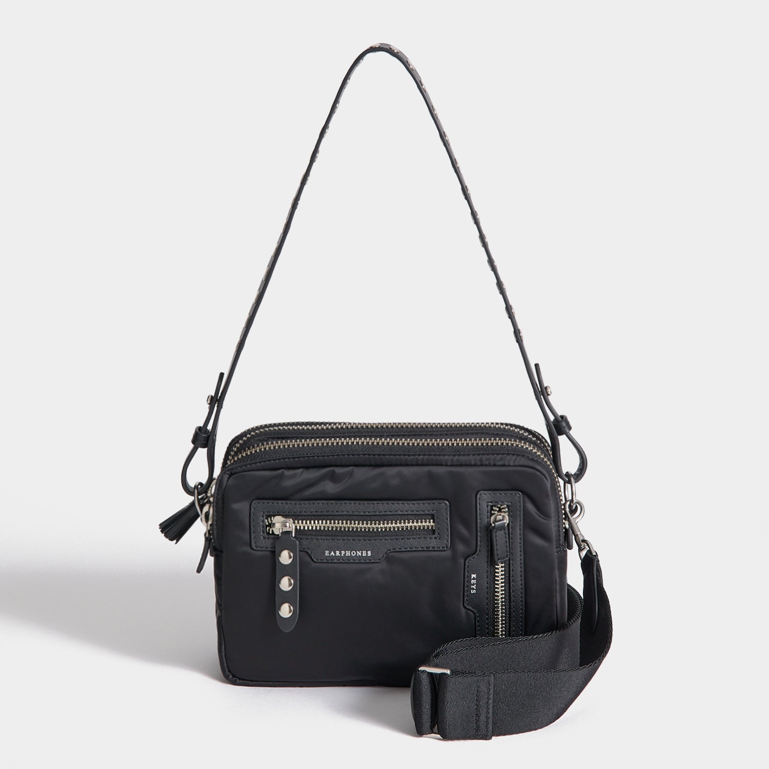 Studs Triple Zip Cross-body -

          
            Recycled Satin/Calf Leather in Black -
          

          Anya Hindmarch UK
