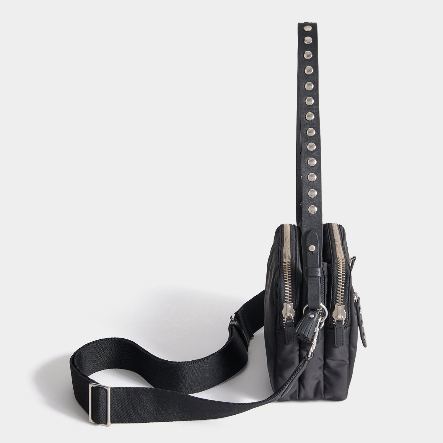 Studs Triple Zip Cross-body -

          
            Recycled Satin/Calf Leather in Black -
          

          Anya Hindmarch UK
