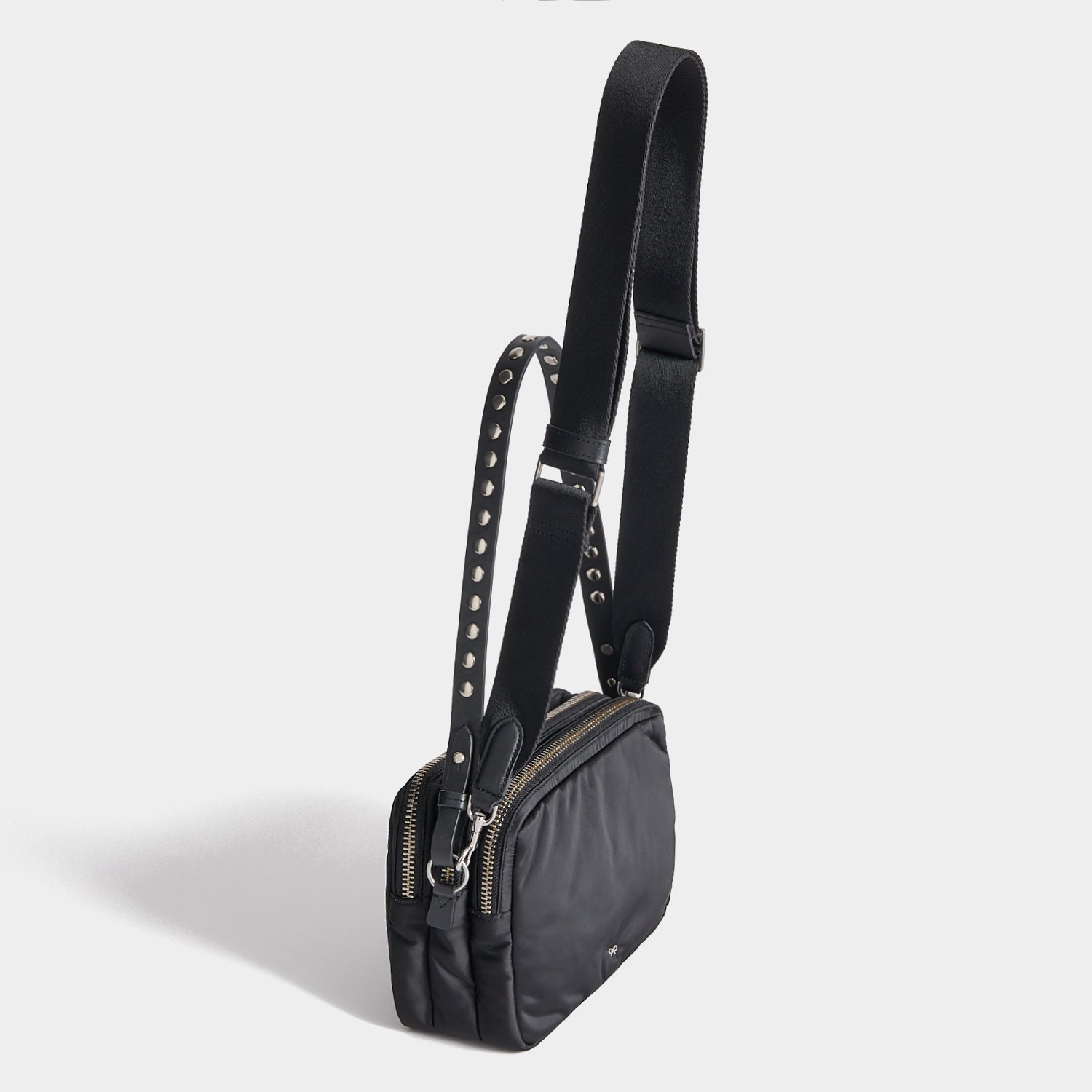 Studs Triple Zip Cross-body -

          
            Recycled Satin/Calf Leather in Black -
          

          Anya Hindmarch UK
