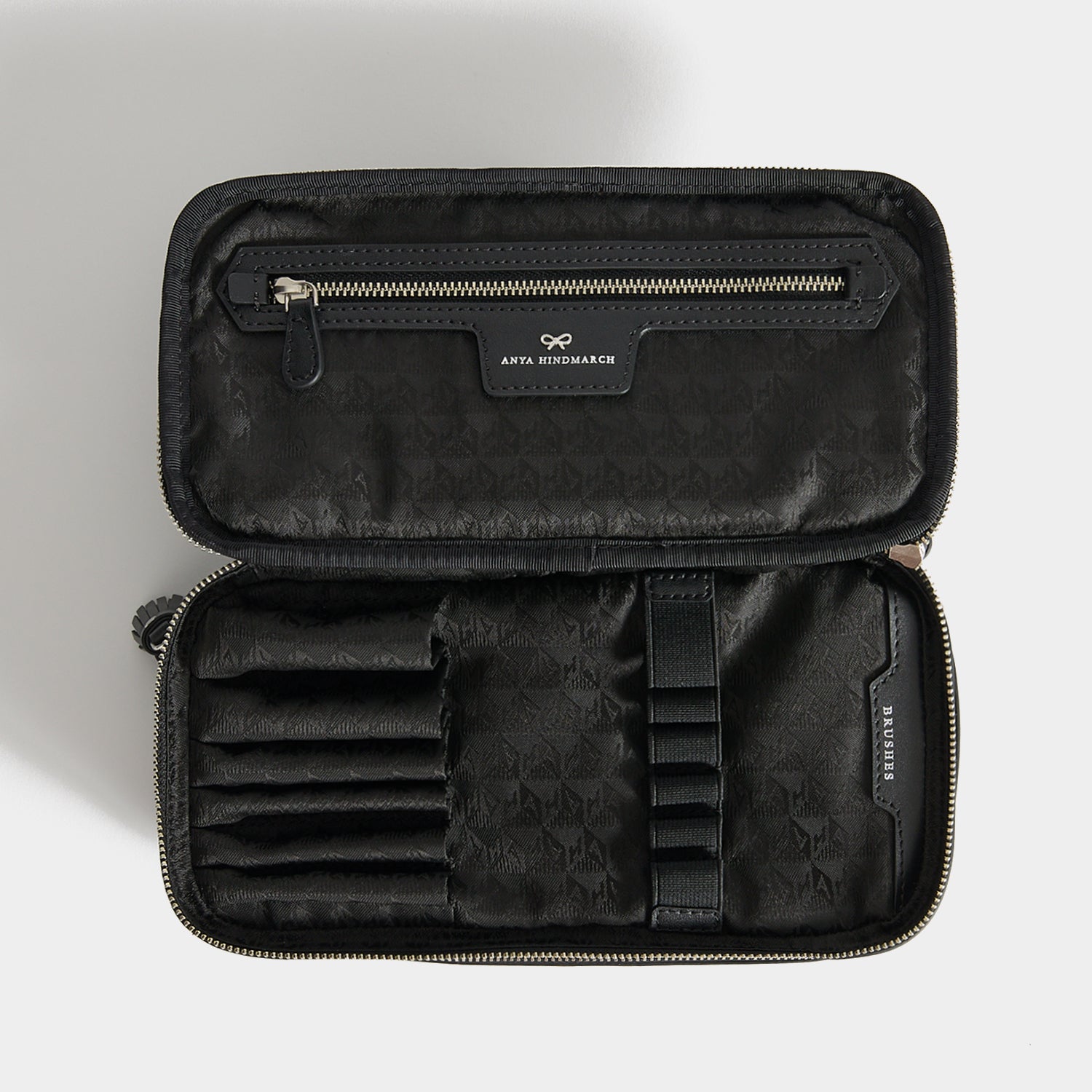 Studs Large Make-Up Pouch -

          
            Recycled Satin/Calf Leather in Black -
          

          Anya Hindmarch UK
