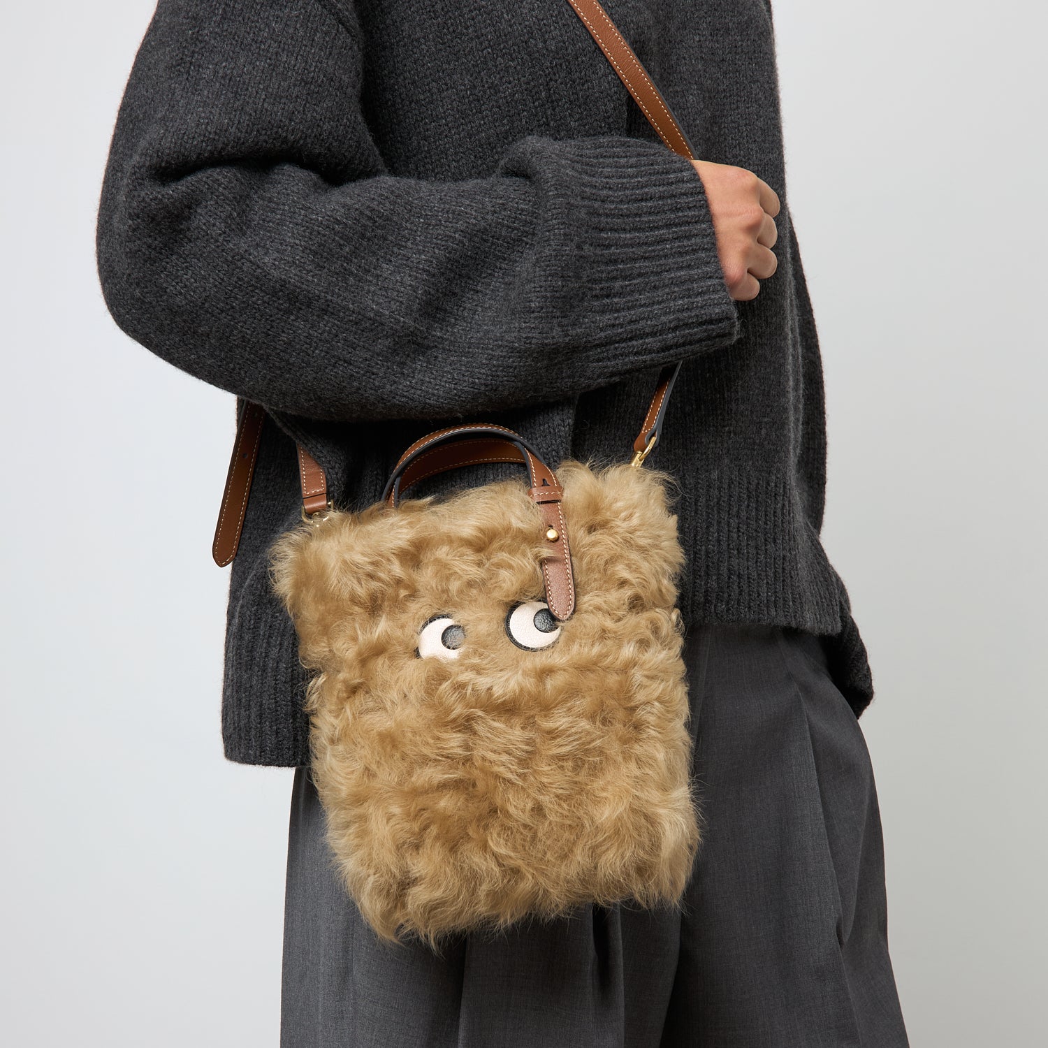 N/S Mini Eyes Shearling Tote -

          
            Shearling/Smooth Leather in Taupe -
          

          Anya Hindmarch UK
