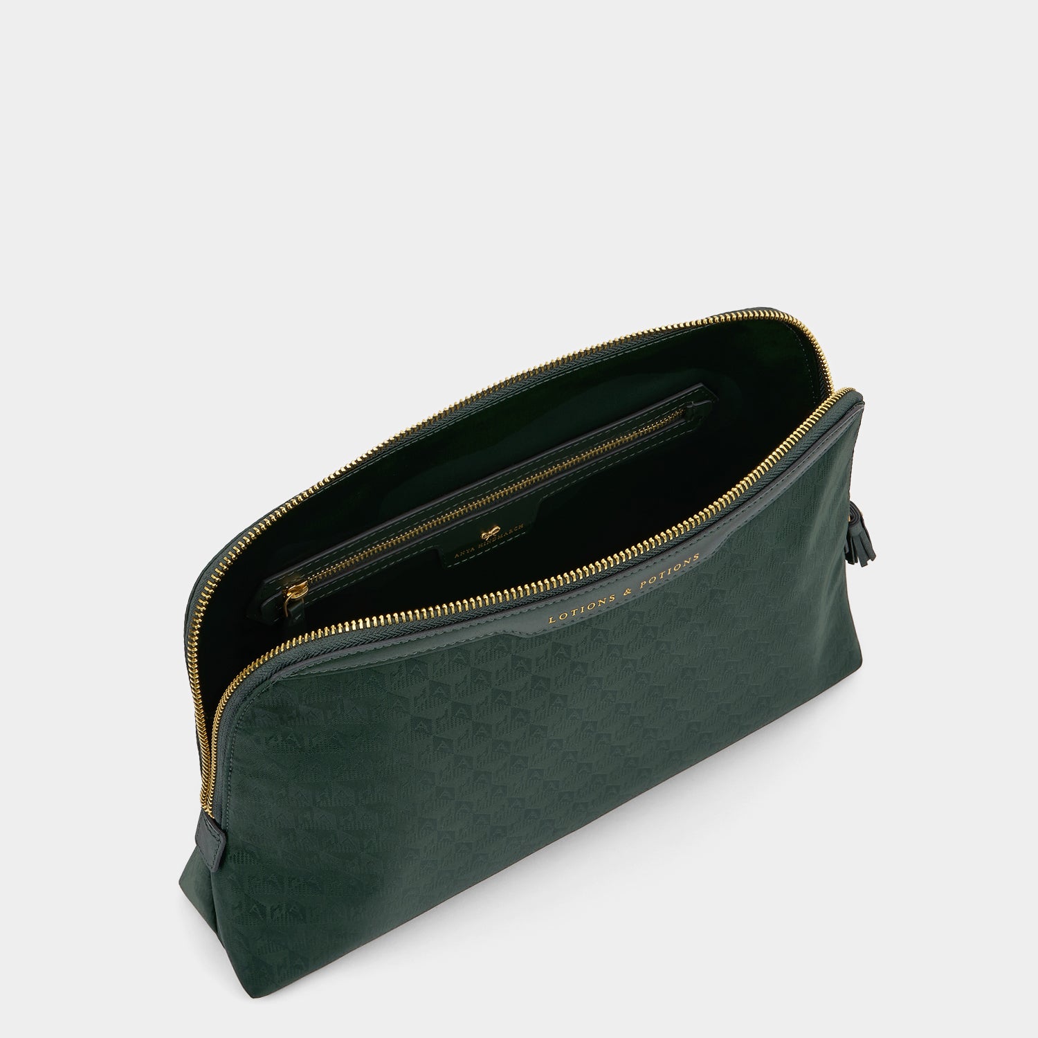 Logo Lotions and Potions Pouch -

          
            Jacquard Nylon in Dark Holly -
          

          Anya Hindmarch UK
