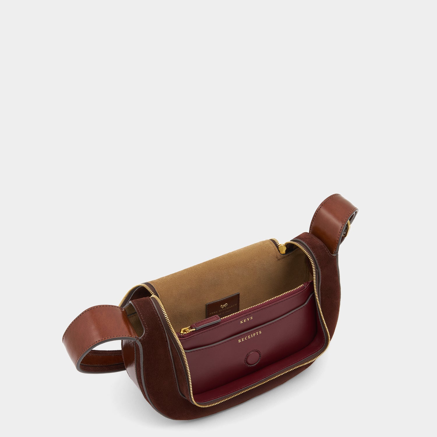 Brown suede cross-body bag by Anya Hindmarch