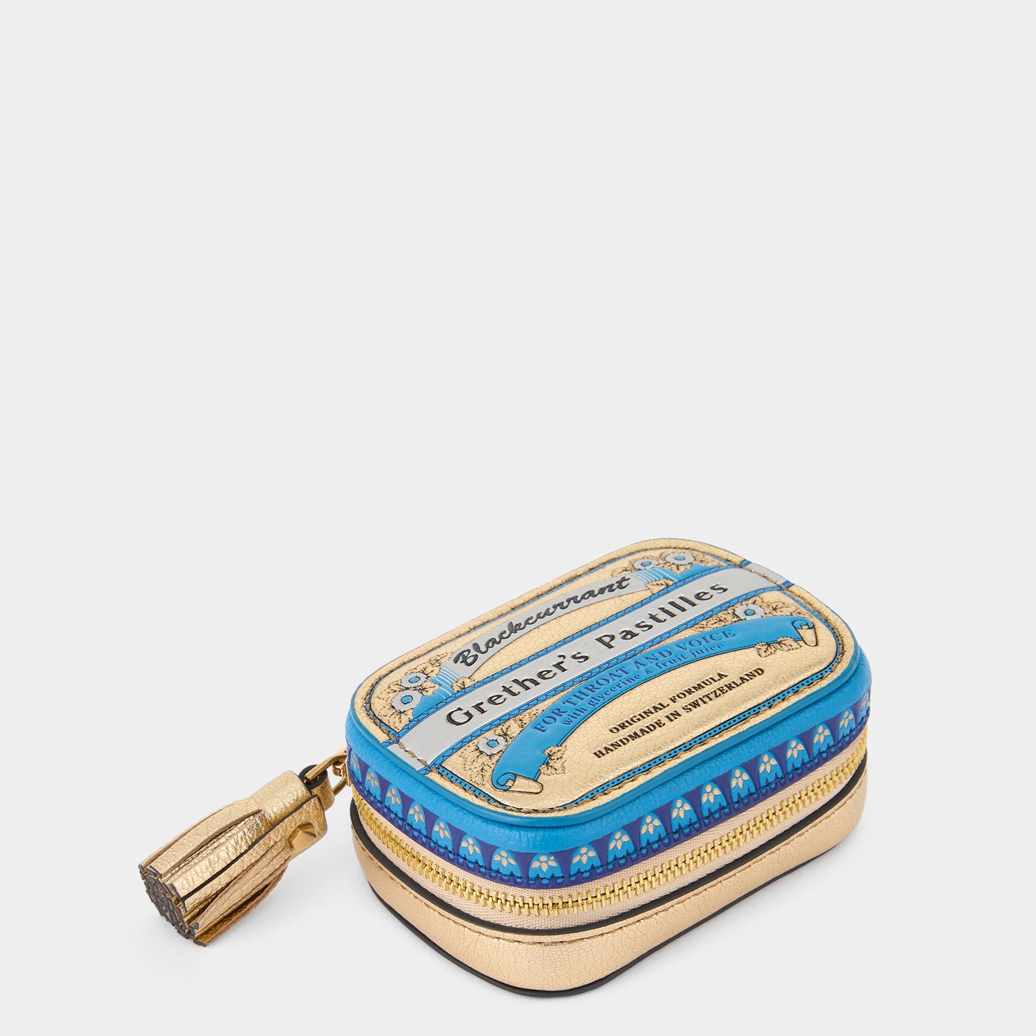 Grether's Pastilles tin sinpired coin purse made of capra leather by Anya Hindmarch