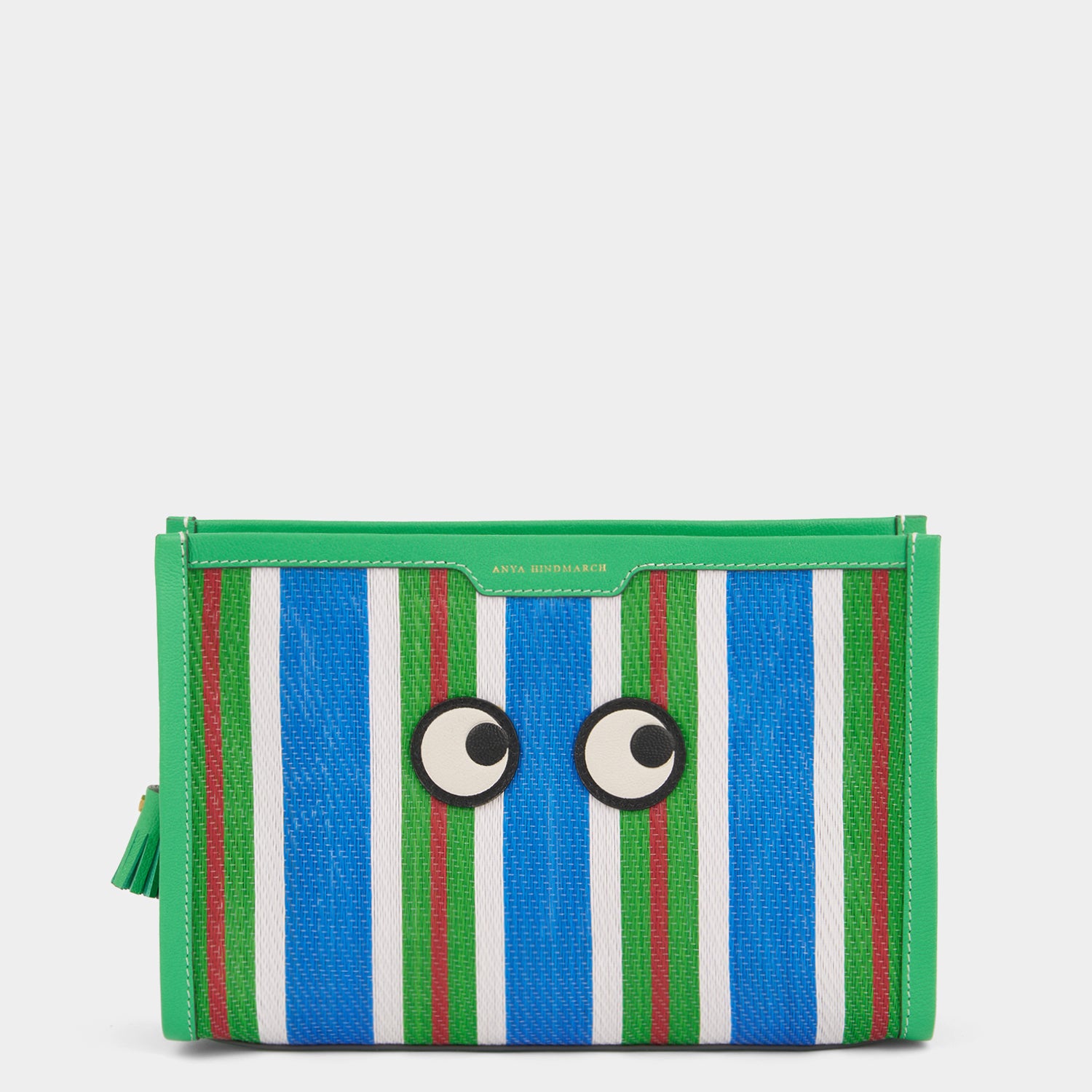 Striped pouch made of goat leather and featuring googly eyes by Anya Hindmarch