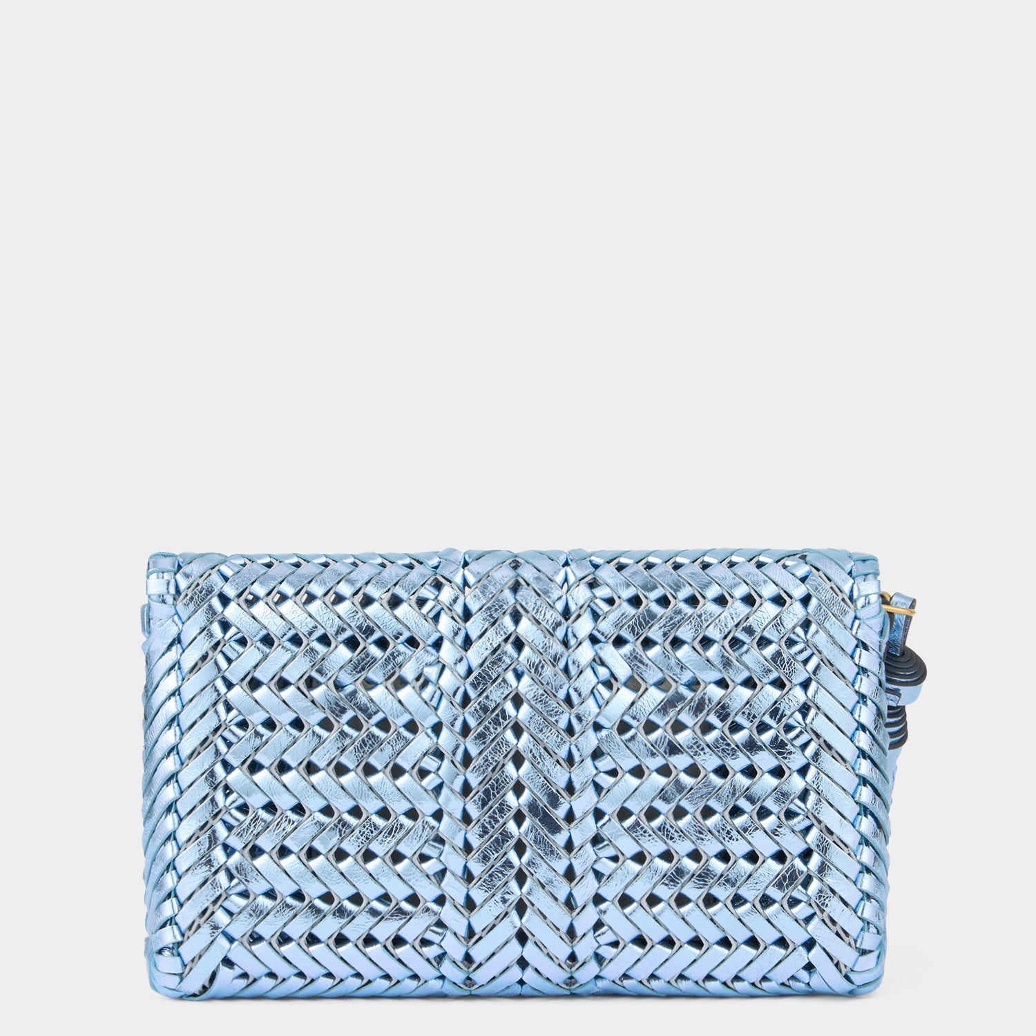 Metallic blue handwoven leather clutch by Anya Hindmarch
