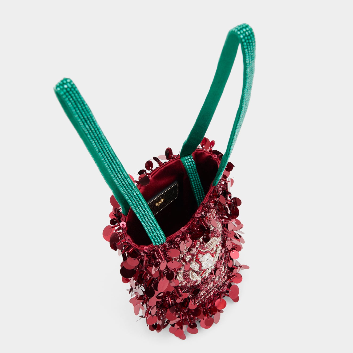 Anya Brands Flying Goose Sriracha Mini Bucket Bag -

          
            Satin/Sequins in Oxblood Red -
          

          Anya Hindmarch UK

