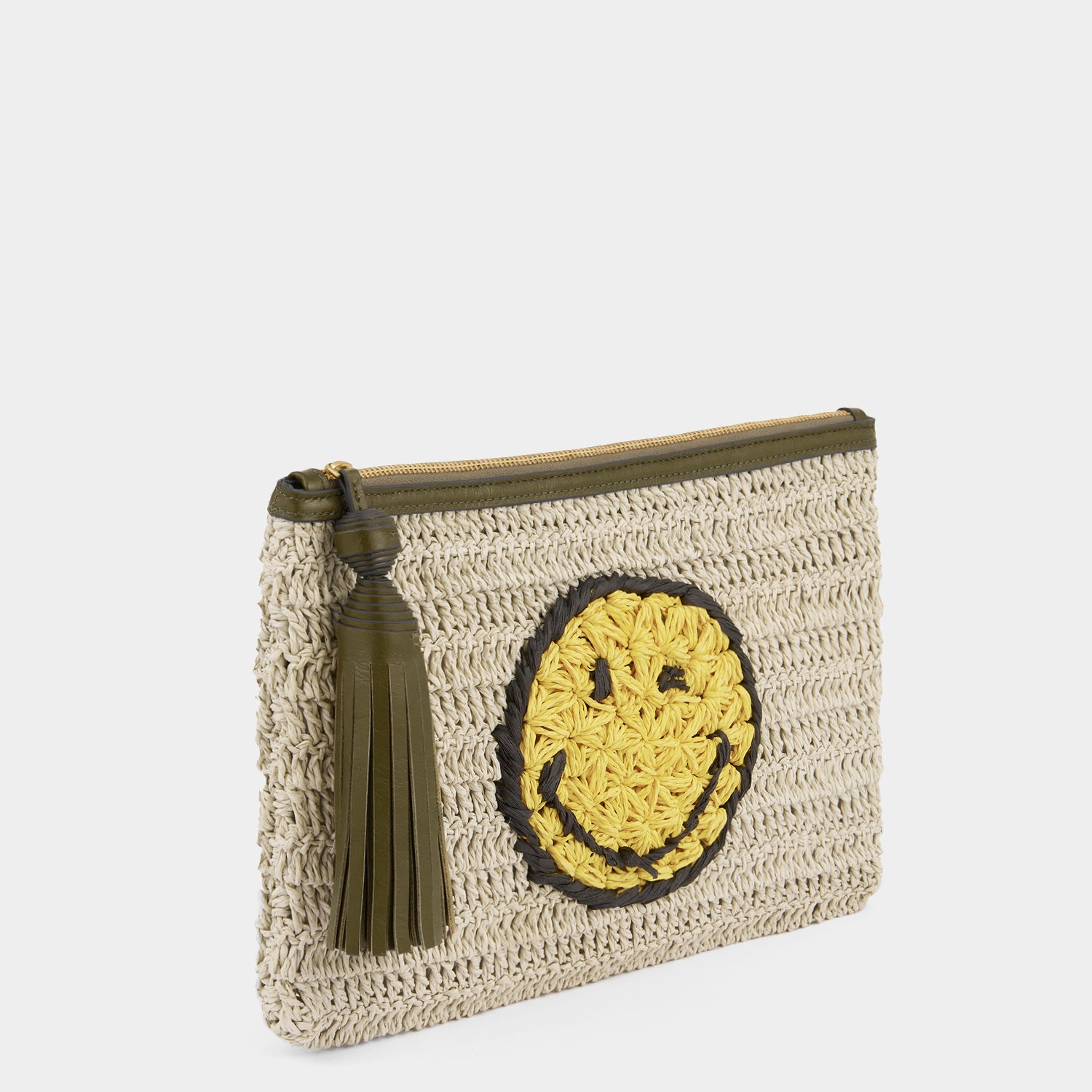 Raffia pochette with winky emoji by Anya Hindmarch
