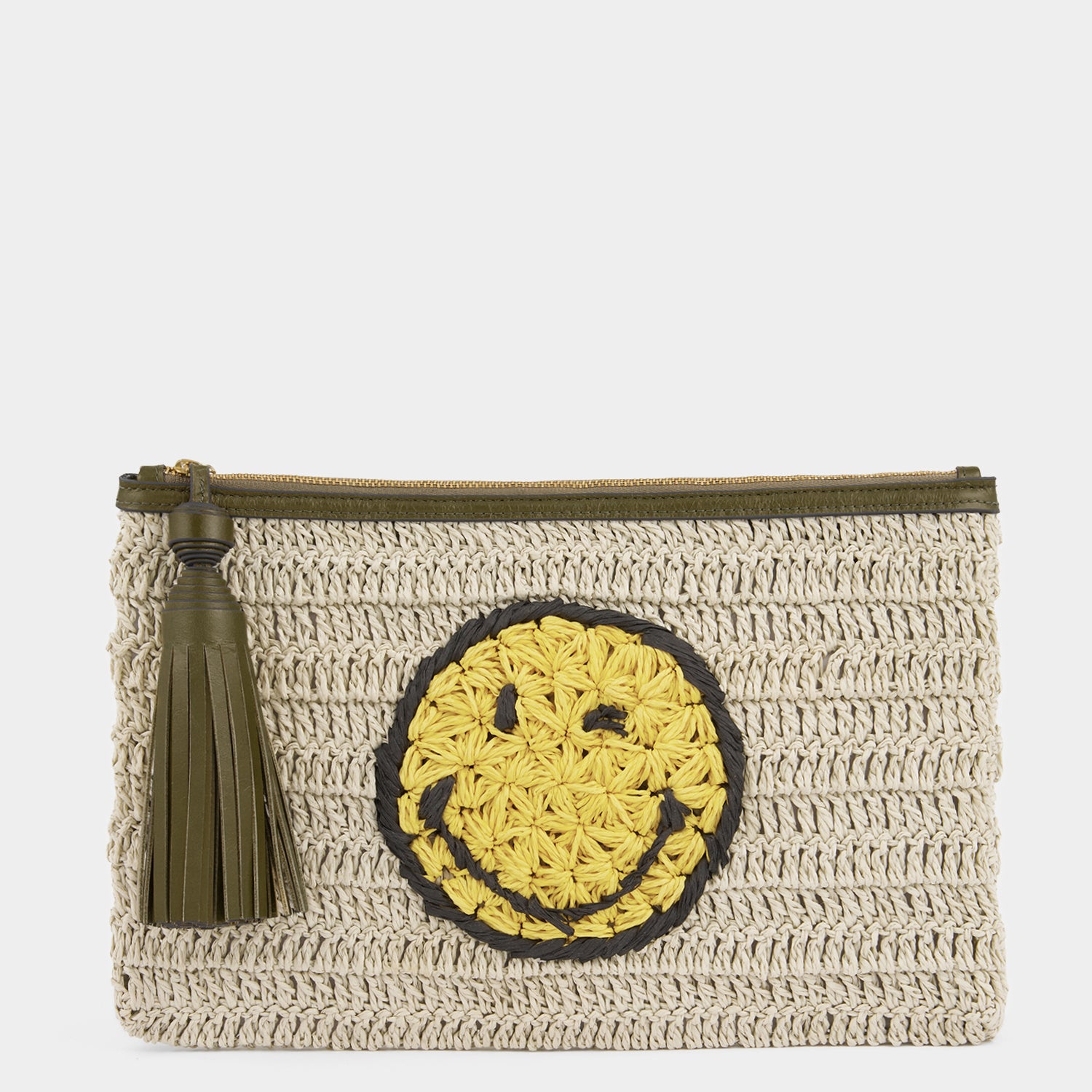 Raffia pochette with winky emoji by Anya Hindmarch