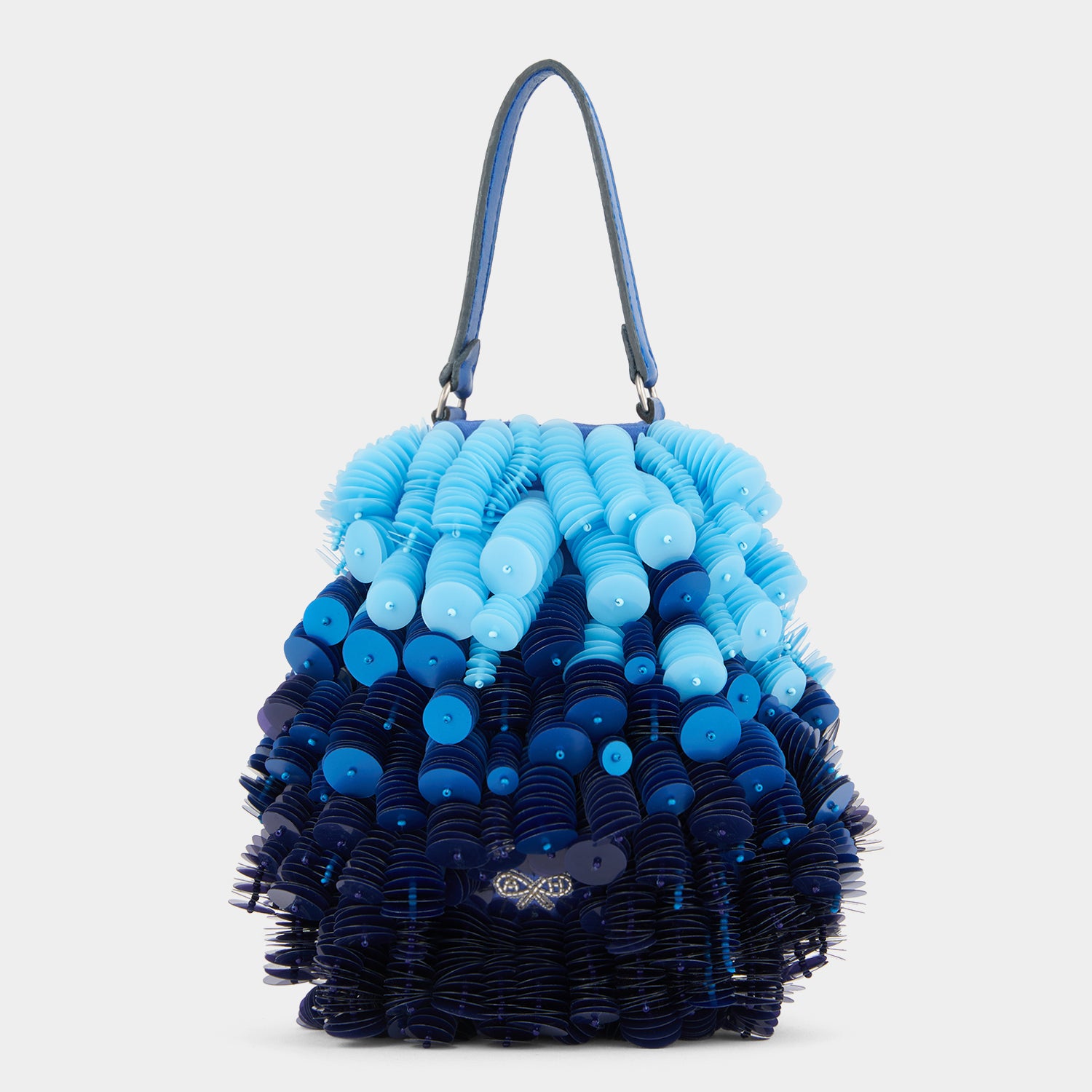 Blue beaded crossbody bag shaped like a fish by Anya Hindmarch