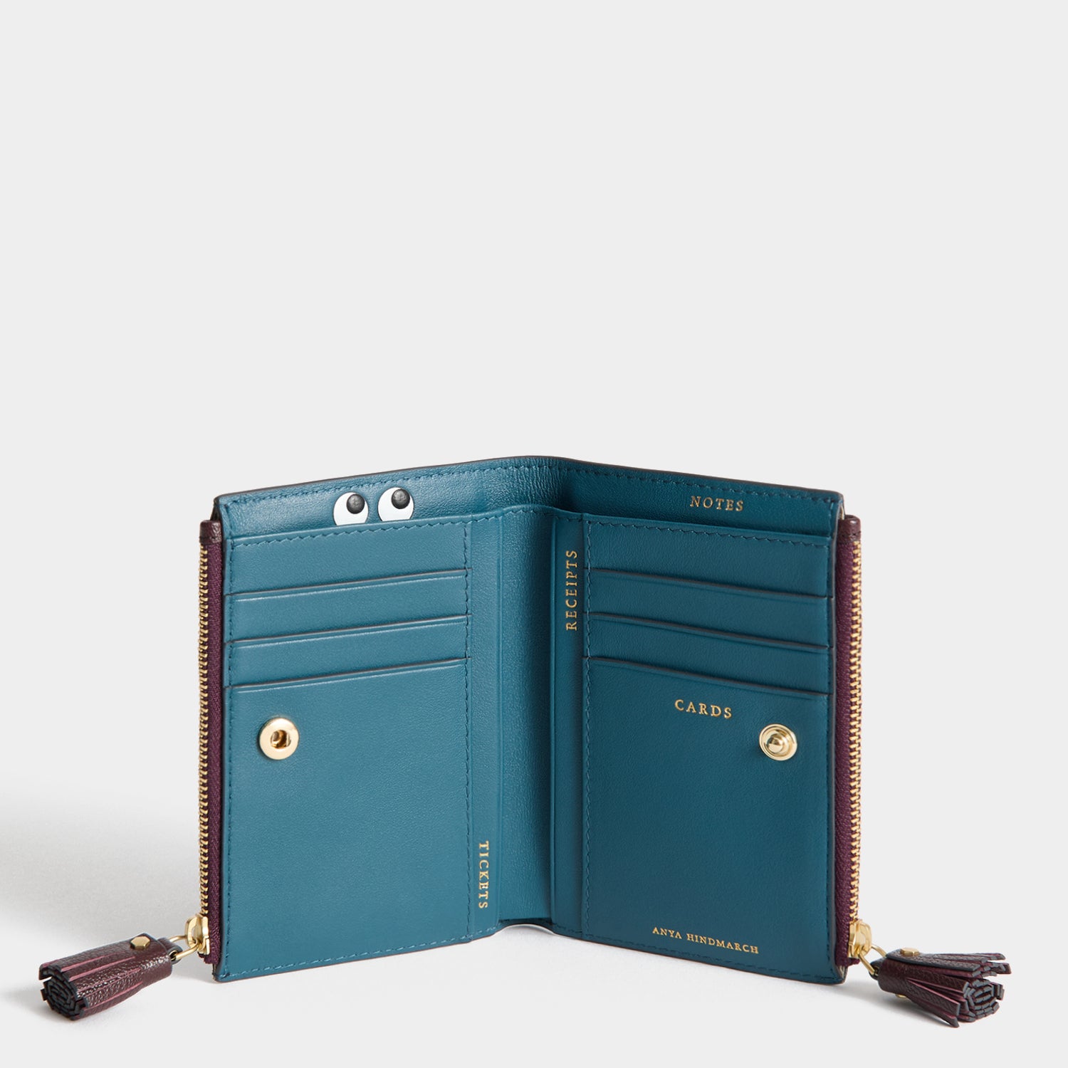 Peeping Eyes Small Double Zip Wallet -

          
            Capra Leather in Claret -
          

          Anya Hindmarch UK
