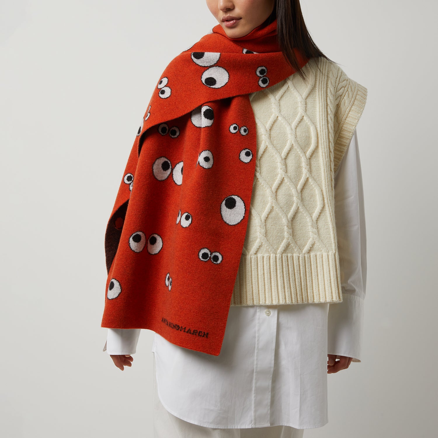 All Over Eyes Scarf -

                  
                    Lambswool in Dark Clementine -
                  

                  Anya Hindmarch UK
