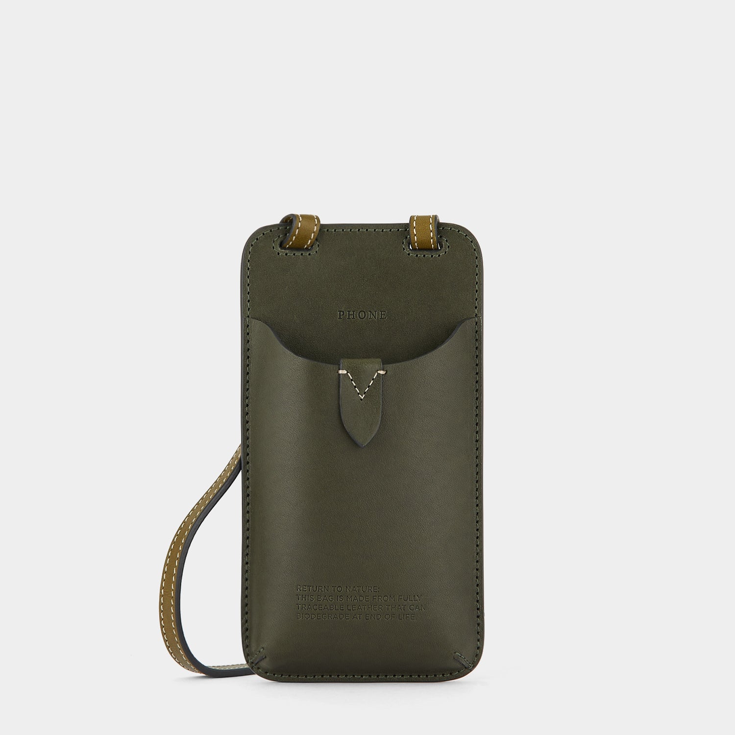 Return to Nature Phone Pouch on Strap -

                  
                    Compostable Leather in Dark Olive -
                  

                  Anya Hindmarch UK
