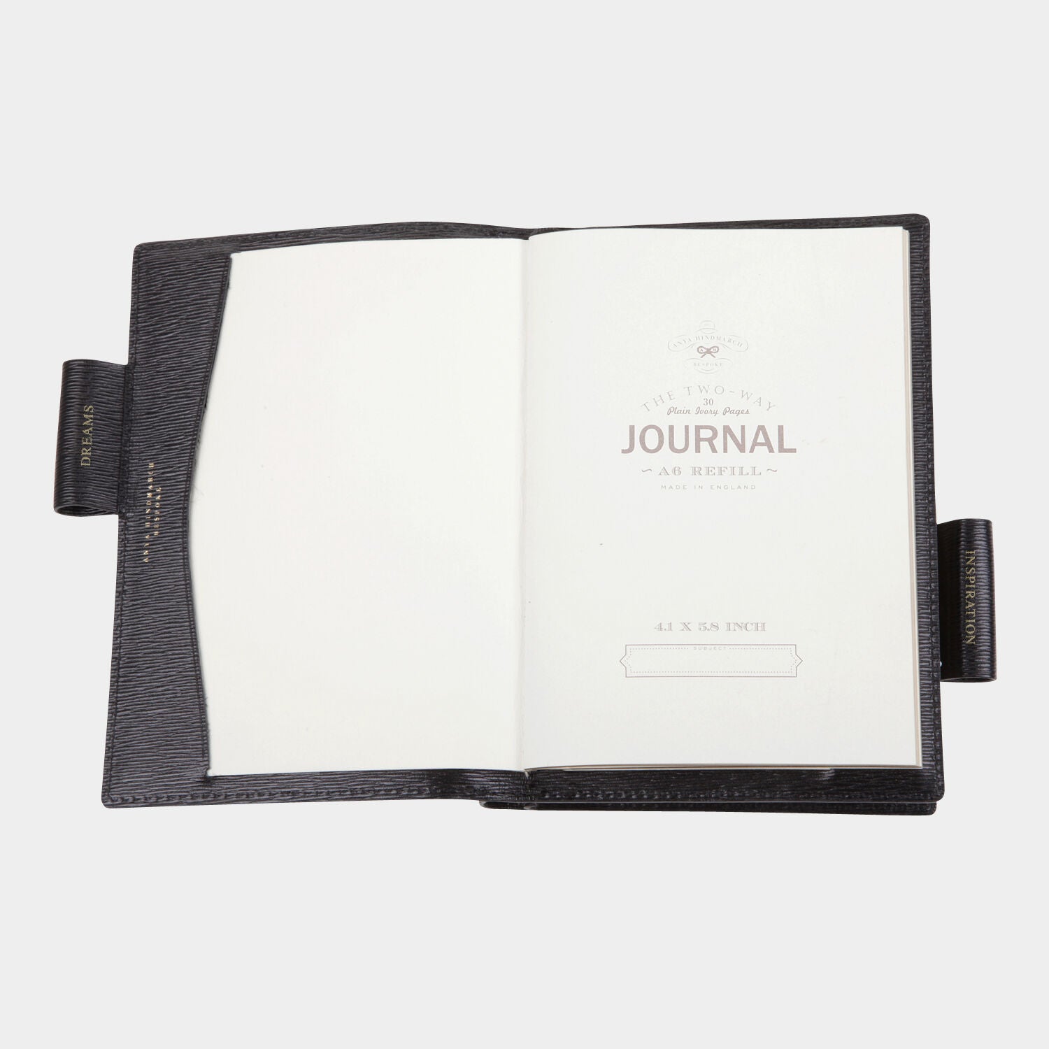 Bespoke A6 Two Way Journal -

                  
                    London Grain in Black -
                  

                  Anya Hindmarch UK
